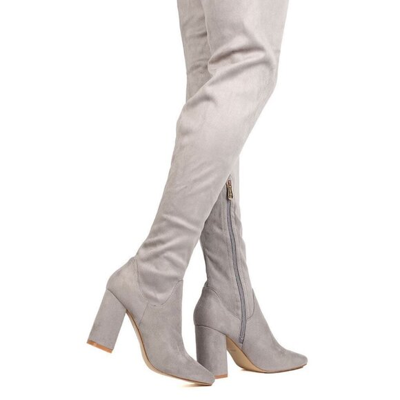Cape Robbin Women's Suede Thigh High Boots Over the Knee Faux Block Heel Grey - Picture 2 of 12